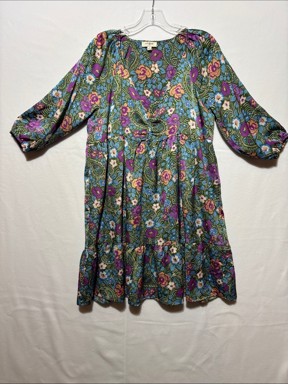 Umgee Boho Green Paisley Floral V-Neck 3/4 sleeves Mini Dress Womens Size Small